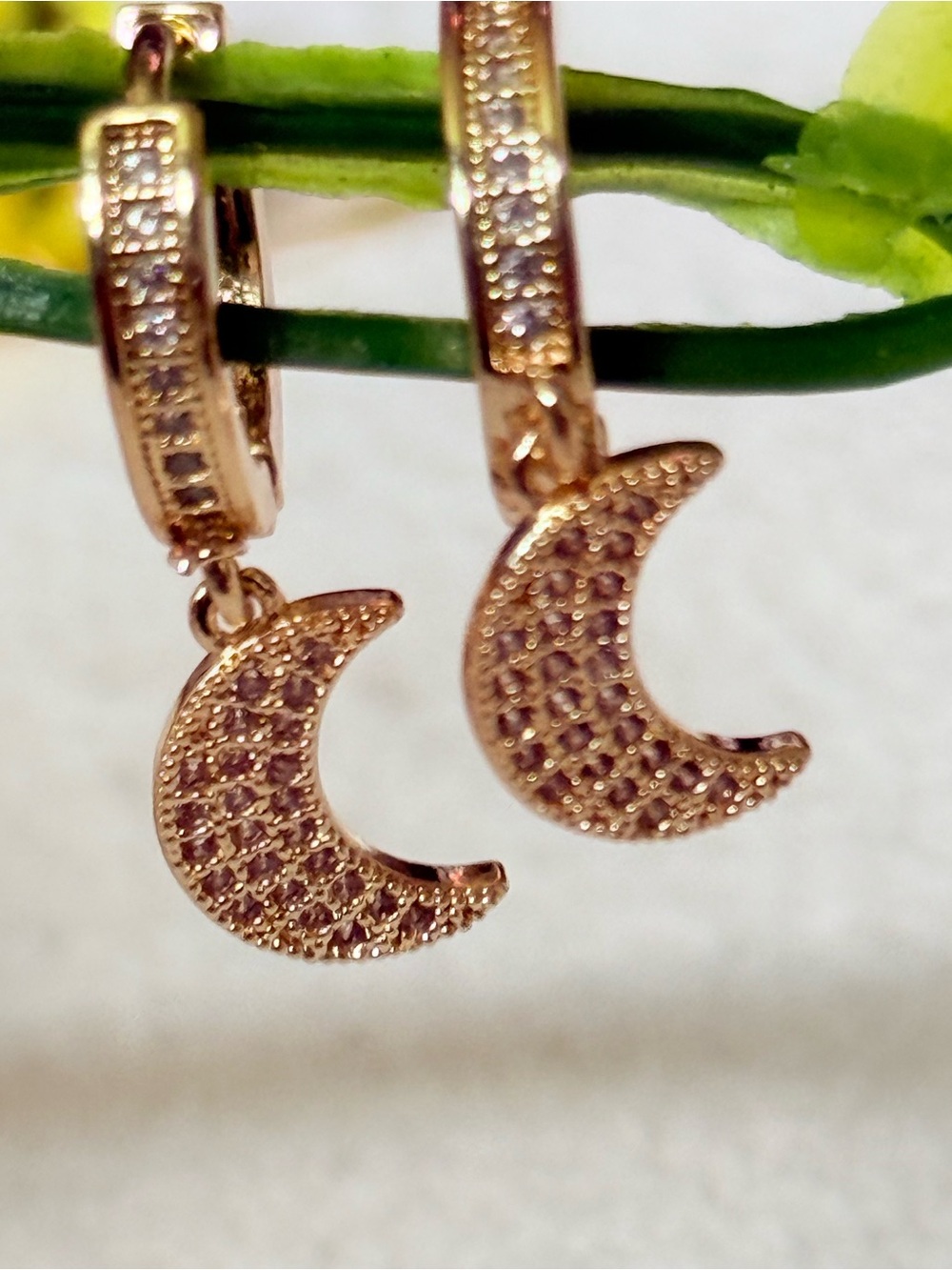 Gold Crescent Moon Hug Hoop Drop Earrings